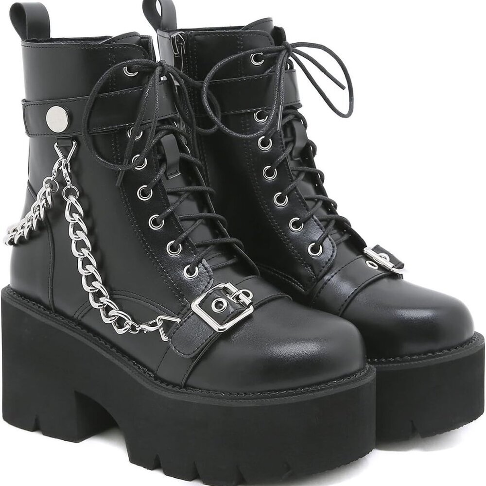 Women's Black Goth Platform Boots Chunky Ankle Combat Shoes With Chains